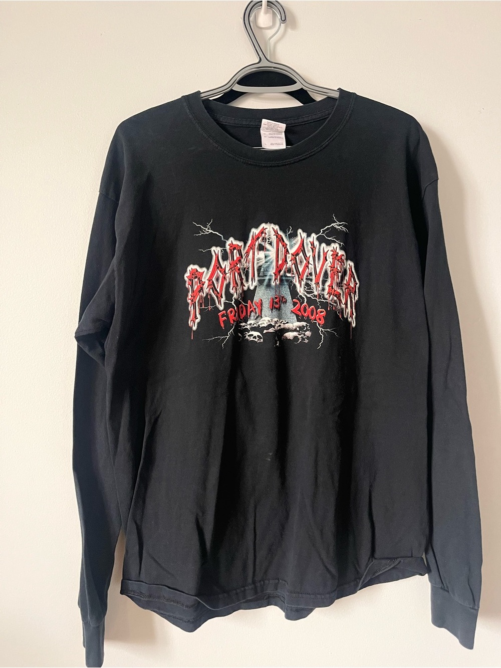 Black Graphic Long Sleeve Tee with Red/White Print biker tee